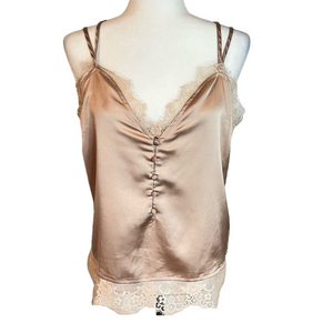 Boohoo Women’s Blush Pink Satin Lace 5 Button Camisole 6 Criss Cross Straps Y2K